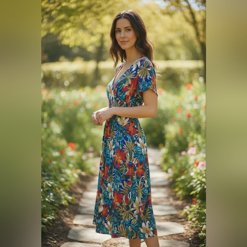 vtg 80s maxi floral dress with button up back and pockets